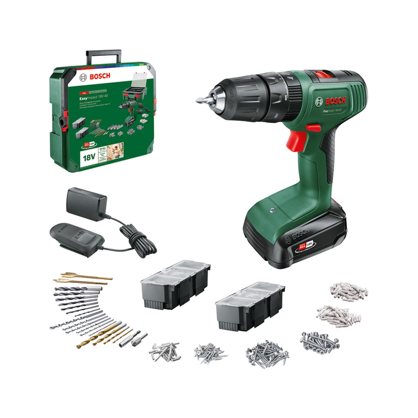Taladro Atornillador 18V – Batería 1,5Ah, Percutor, Set 241 Piezas